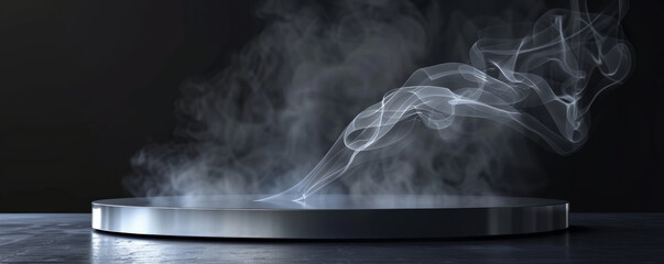 A sleek, chrome podium with an empty pedestal, against a pitch-black background. Wisps of grey smoke curl around the base, adding a surreal and dramatic touch. The highly reflective metal surface