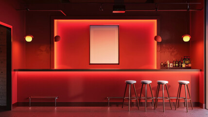 An empty poster frame on a bold red wall in a modern bar interior, with high stools, a sleek bar counter, and ambient lighting.