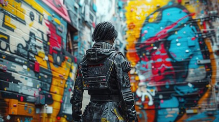 Naklejka premium A cyberpunk character standing in a graffiti-covered alley. For artwork of leaflet, and poster design, wall art space, website, and media decor. Commercial use, 300 dpi