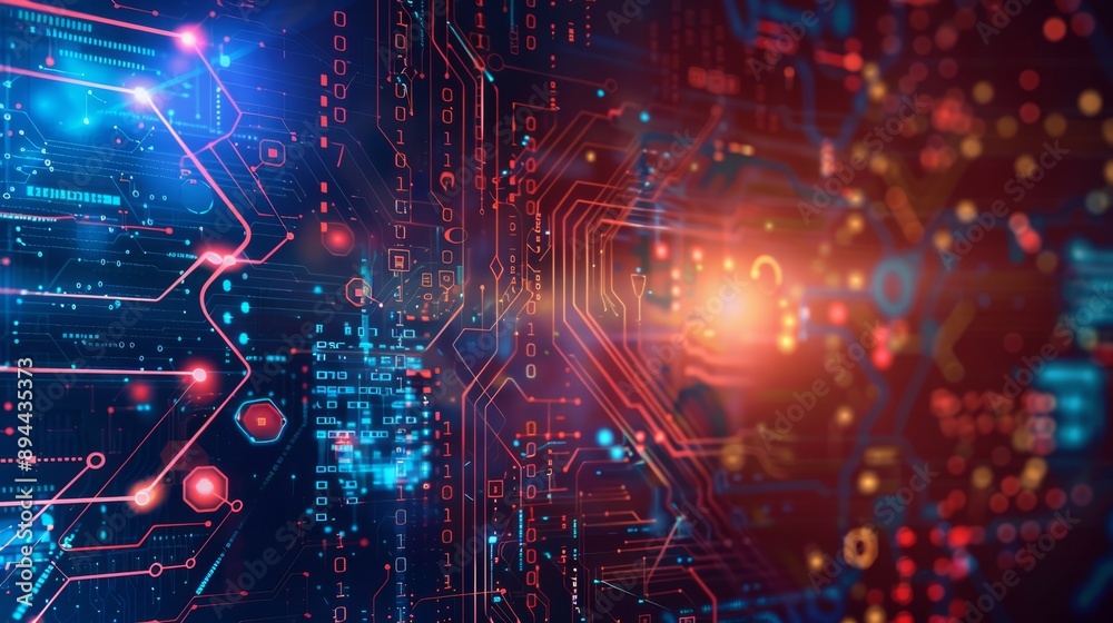 Poster abstract image of a futuristic technology circuit board with dynamic data flow and glowing elements.