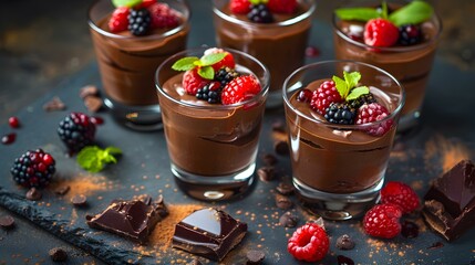 Chocolate mousse served in glass glasses and garnished img