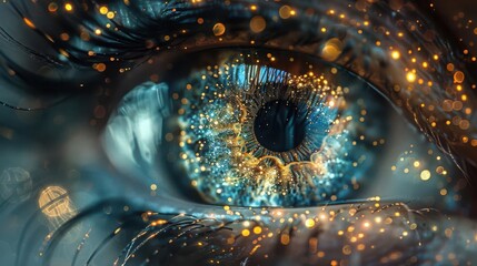 Abstract digital art depicting a close-up of an eye with glowing particles. For artwork of  leaflet, and poster design, wall art space,  website, and media decor. Commercial use, 300 dpi
