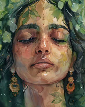 Watercolor close-up painting of Goddess Parvati, with gentle greens, golds, and pinks, showcasing her nurturing and kind expression.