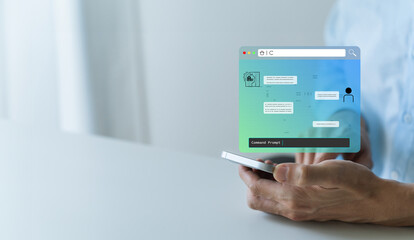 Businessman using command prompt on Artificial Intelligence autonomous information system for working. Futuristic innovation technology of data transformation. Deep learning of science and AI tech