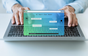 Businessman using command prompt on Artificial Intelligence autonomous information system for...