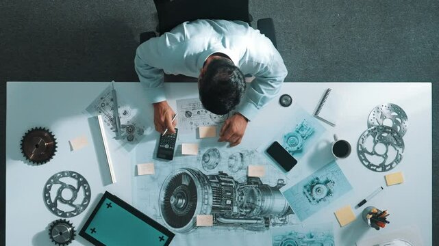 Top down view of skilled engineer writing and planning turbine engine design while sitting at meeting table with gear and electronic generator scatter around. Technician taking a note. Alimentation.