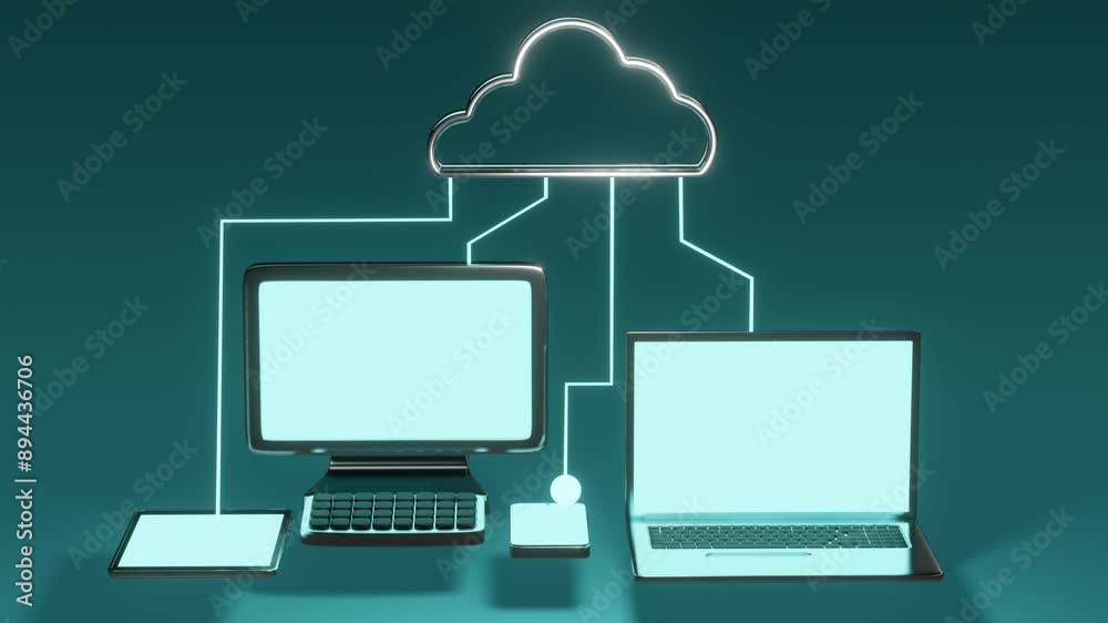 Poster cloud data storage concept with connected devices. minimal modern seamless motion design. abstract l