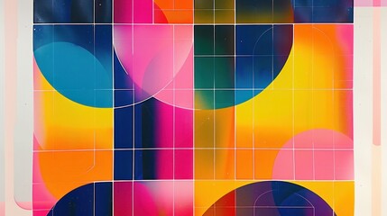 Obraz premium Bright geometric abstract art with a grid pattern overlay.