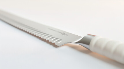 Close Up Of A White-Handled Bread Knife On A White Surface