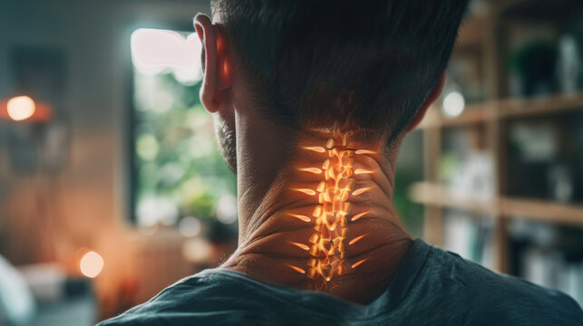 Highlighted Pain: Man Struggles with Neck Strain at Home