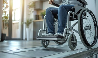 empty wheelchair at top of open ramp leading to home entrance with interior background and person sitting slightly