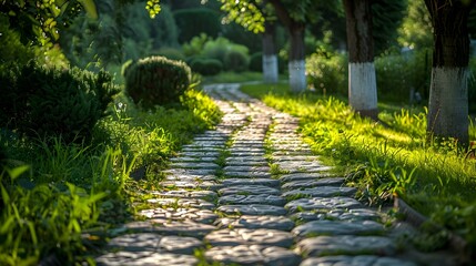 Obraz premium A path made of paving stones with grass img