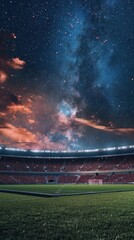 Fototapeta premium Fiery twilight with cosmic beauty over football stadium