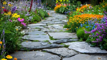 Obraz premium A flagstone path laid through a flowering garden
