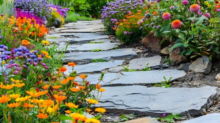 Obraz premium A flagstone path laid through a flowering garden picture