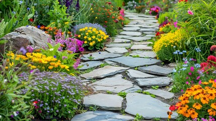 A flagstone path laid through a flowering garden image