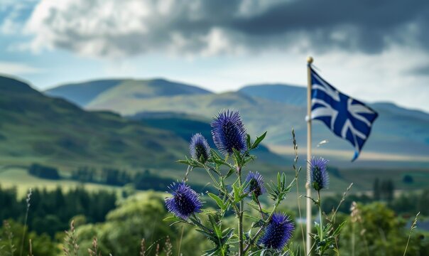 Majestic Scottish Thistle in Foreground with Waving Saltire Flag: 4K AI-Generated Wallpaper Showcasing Scotland's National Symbols and Patriotic Pride