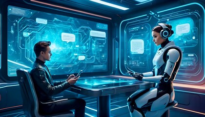 Chatbot, Chat with AI, Artificial Intelligence, man uses technology, intelligent robot, system symbol, transformation, futuristic technology, communicating with artificial  intelligence