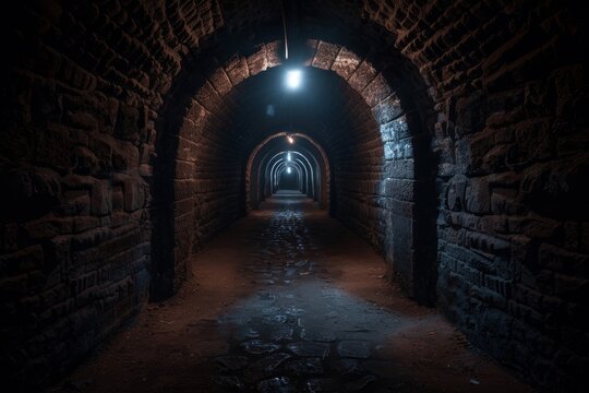 A dark and mysterious underground corridor evokes an aura of ancient secrets and hidden histories. 