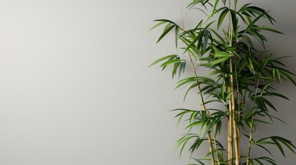 A bamboo plant stands alone on a gray background providing ample copy space for designs or text