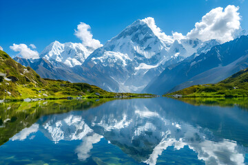 Majestic mountain range with a serene lake in the foreground, reflecting the snow-capped peaks and a clear blue sky.


