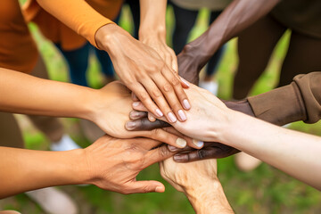 Close-up of a diverse group of hands joined together in a circle, symbolizing unity and teamwork, set against a bright, neutral background.


