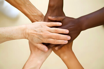 Fototapeta premium Close-up of a diverse group of hands joined together in a circle, symbolizing unity and teamwork, set against a bright, neutral background.