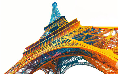 Naklejka premium A colorful gradient filters the Eiffel Tower in Paris, blue to orange gradient. White background.