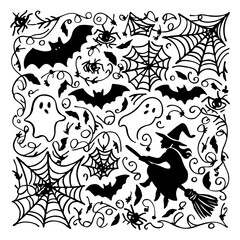 Fototapeta premium Witch flying on broomstick, bats, spiders, cobwebs and ghost. Vector monochrome decorative decorative silhouette illustration for Halloween