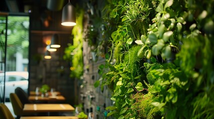 Green wall in a cafe decorated with various image