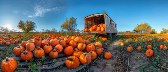 Harvest different varieties field pumpkins, agricultural tractor trailer filled against clear sky