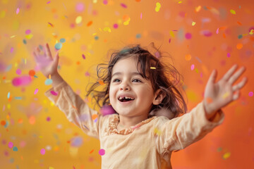 cute little indian girl enjoying with falling confetti
