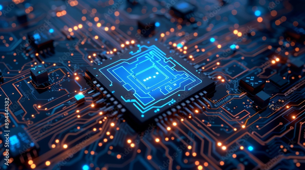 Poster an advanced microchip is placed on a circuit board with illuminated lights symbolizing hightech elec