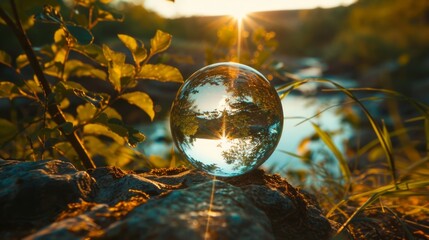 Glass globe in the in nature. Protecting the earth's water resources, environmental protection concept. Sustainable development goals (SDGs) concept
