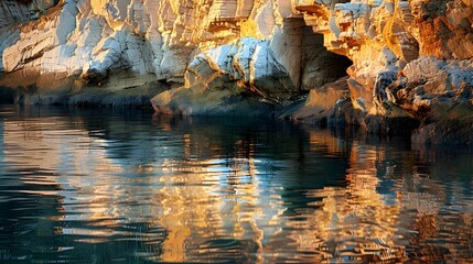 Golden cliffs on the coast reflected