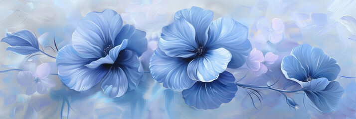 Blue flowers are the subject of artwork, featuring marine-inspired elements, colorful gradients, and hues of light violet and azure.