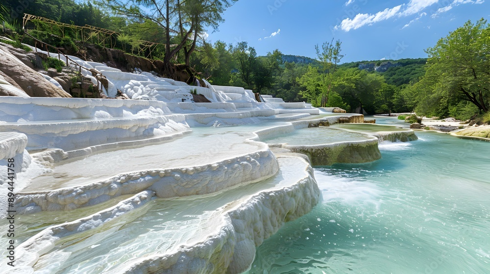 Sticker cascades of limestone terraces with clear blue water image