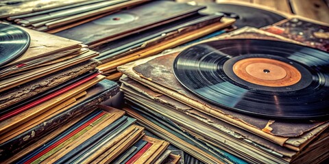 Fototapeta premium Aged vinyl record album covers lined up, showcasing worn-out spines, faded colors, and scratches, evoking nostalgia for a bygone music era's tangible charm.