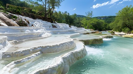 Cascades of limestone terraces with clear blue water image