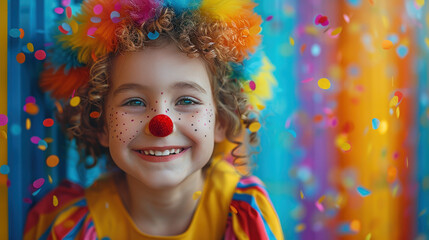 Fototapeta premium Portrait Cute party kids dressed as clowns with curly wigs and red noses playing and throwing confetti on brightly colored striped background.