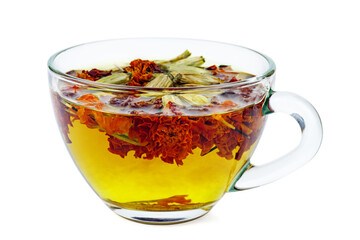 Cup of tea from marigold flowers) isolated on a white background