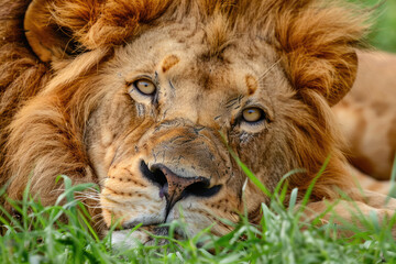 Naklejka premium lion resting on the grass