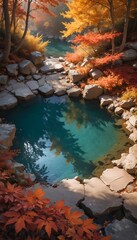 Obraz premium natural pool on rugged cliff surrounded by autumn trees with vibrant orange foliage and leaves