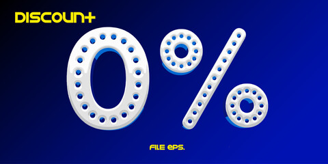 Zero percent number 0% for trade discount. 3D letter font with perforated pattern around the letter.