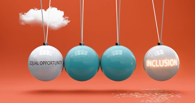 Equal opportunity leads to inclusion. A Newton cradle metaphor in which equal opportunity gives power to set inclusion in motion. Cause and effect relation between equal opportunity and inclusion. Can