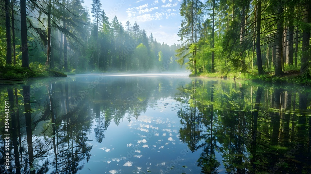 Wall mural Forest pond with crystal clear water reflecting tall