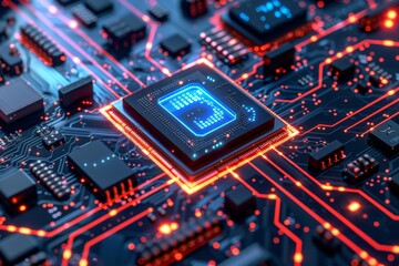 Fototapeta premium A detailed shot of a spaceage microchip on a glowing circuit board, emblematic of cuttingedge technology