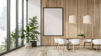 Fototapeta premium An empty poster frame hangs in a bright, open-plan office interior, with clean lines, light wood furniture, and large floor-to-ceiling windows.
