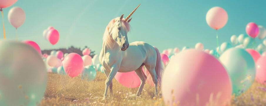 A graceful unicorn amidst a sea of colorful balloons in a field, each balloon contributing to the magical and surreal feel of the scene.