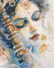 Watercolor close-up painting of Goddess Saraswati, with soft whites, blues, and golds, highlighting her serene expression and elegant veena.